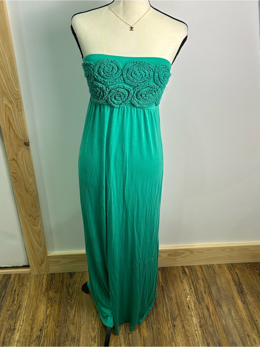 Strapless Teal Maxi Dress with Rosette Bodice -Attention